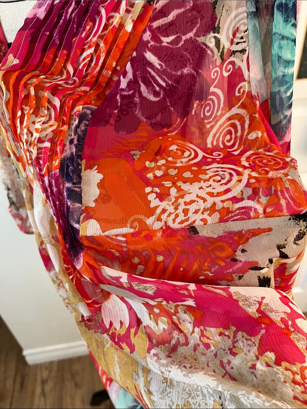 Tribal Multicolor Floral Pleated Tunic - Red, Pink, Orange, Yellow, Blue, Green - Picture 8 of 8